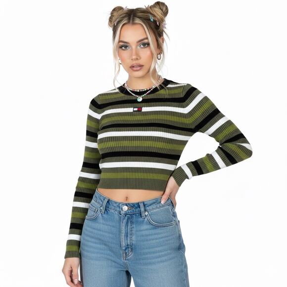 Tommy Hilfiger 100% Cotton Cropped Sweater Womens S Green Blue Striped Y2K 90s - Picture 1 of 7